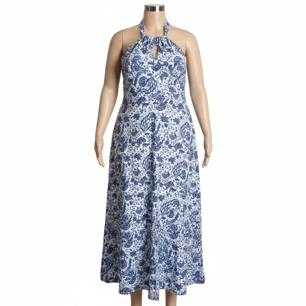 INC International Concepts Blue White Paisley Halter Maxi Dress 2X Sleeveless